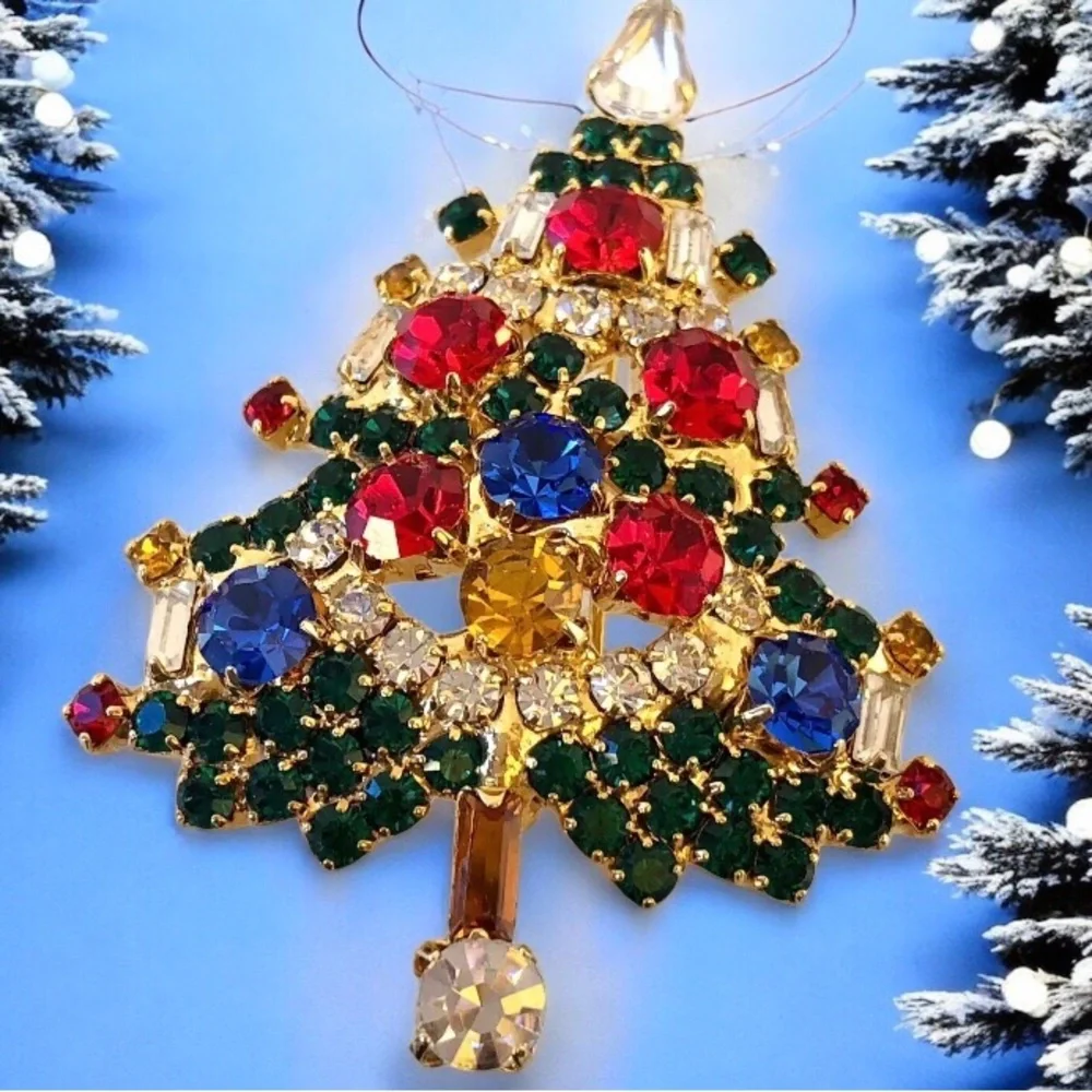 OTC Vintage Christmas Tree Brooch Pin Multi Color Rhinestones Baguettes signed